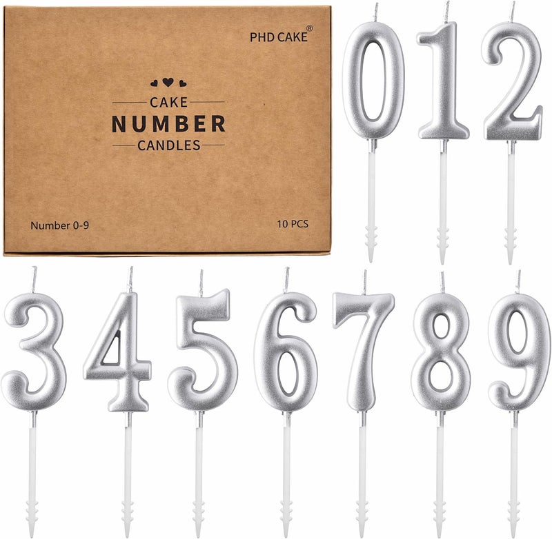 PHD CAKE 10-Pieces Silver Numeral Birthday Candles, Cake Numeral Candles Number 0-9 Glitter Cake Topper Decoration for Birthday,Wedding Anniversary,Party Celebration - Image 1